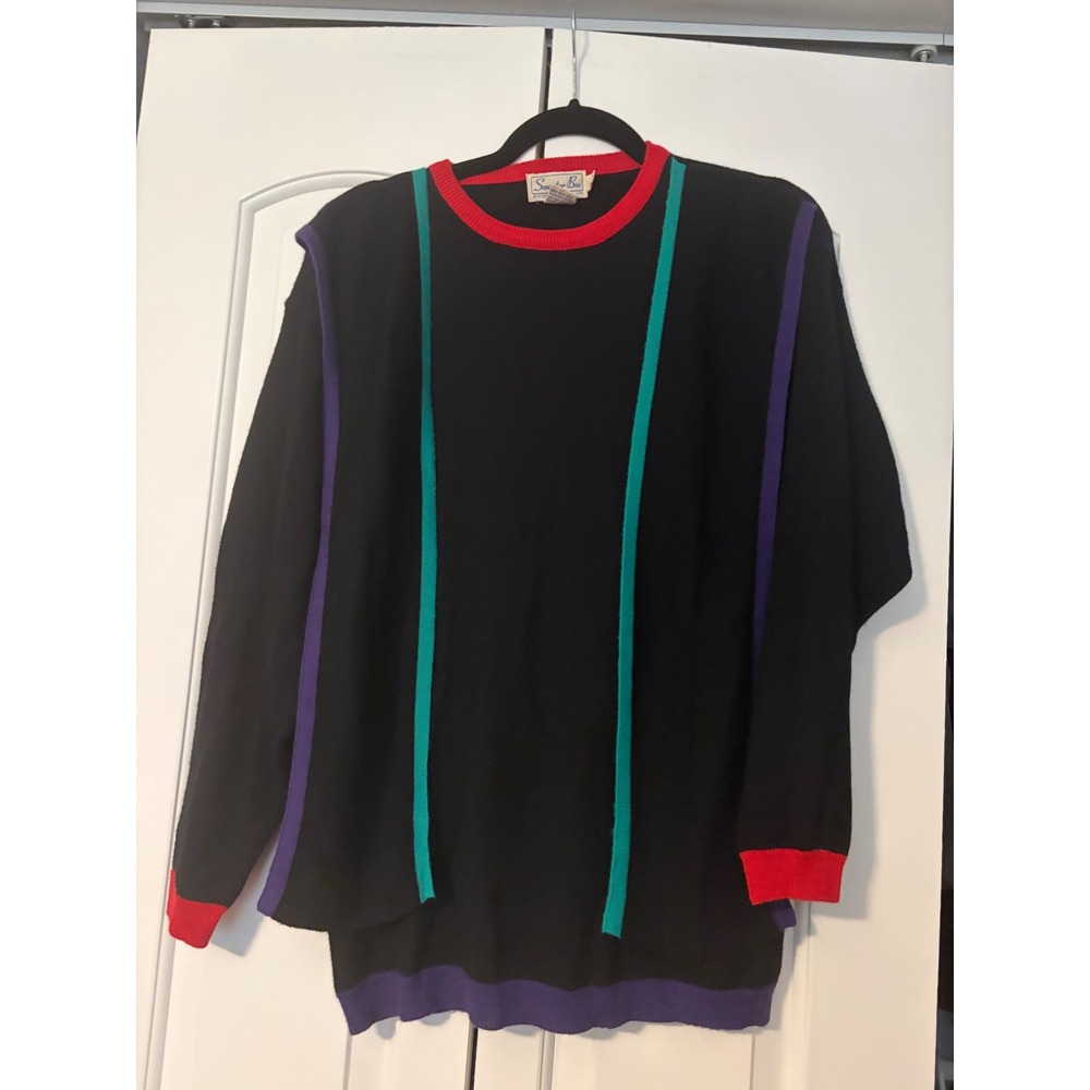 Sweater Bee Black Purple Green Red Trim Long Sleeve Knit Sweater Size S - Picture 2 of 7